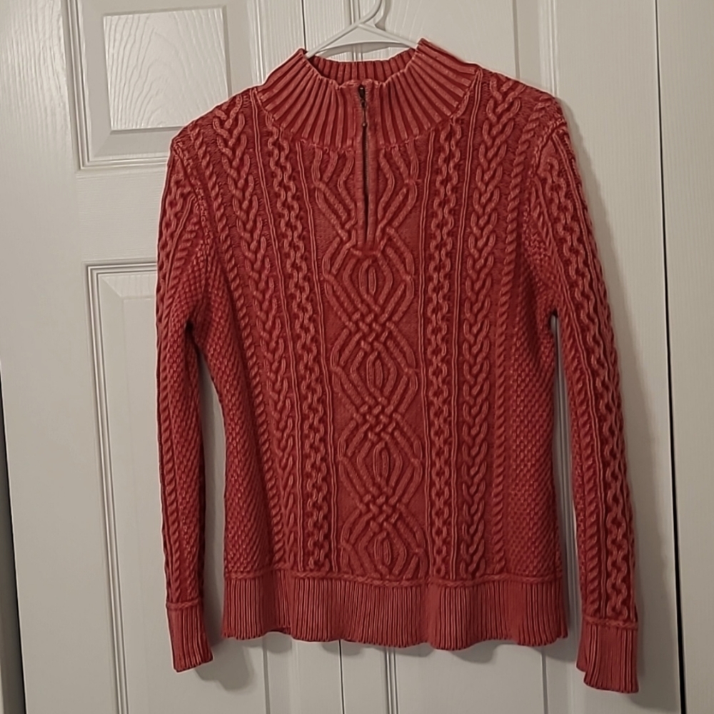 PBJ Blues Coral Pink Cable Knit Sweater, Small/P, zipper at neckline, EUC